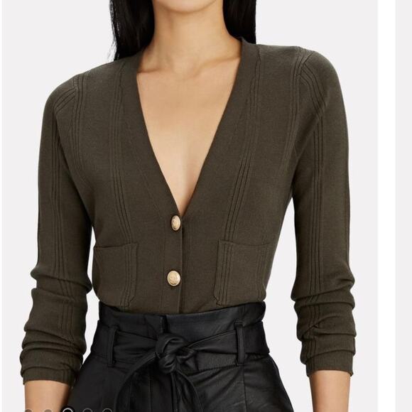 L'AGENCE Sweaters - L'AGENCE Jamie Cropped Rib Knit Cardigan Small Brown Gold Buttons V-Neck